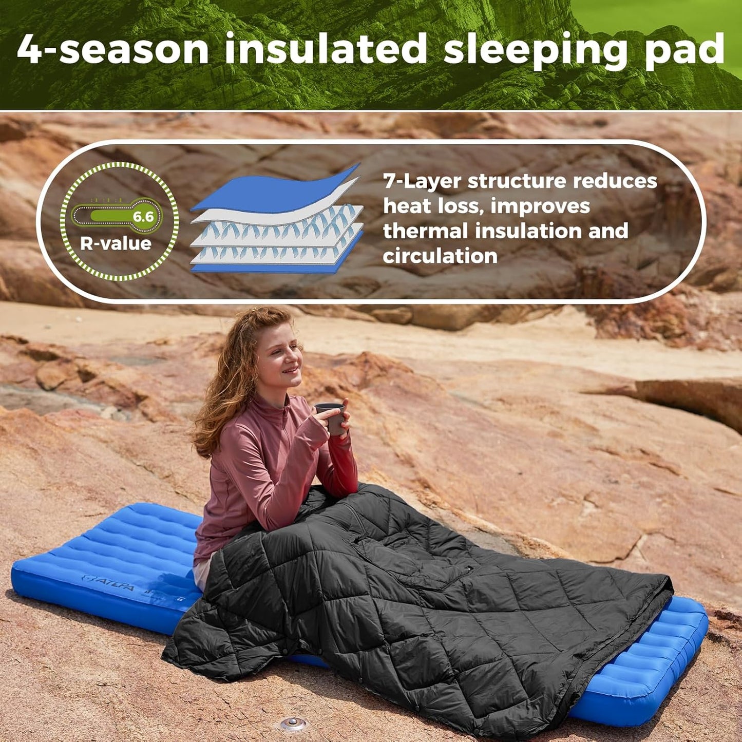 ATEPA ThermAir Pro Backpacking Sleeping Pad, 6.6 R-Value Insulated Ultralight Inflatable Sleeping Pad Folding Camping Pad with 7 Layers & Storage Bag for Camping Backpacking, Wide Long Size (78"x27")